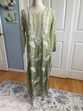 Chikankari Muslin Ombré Long Kurta/Cover Up-Olive Green-Medium-NWT